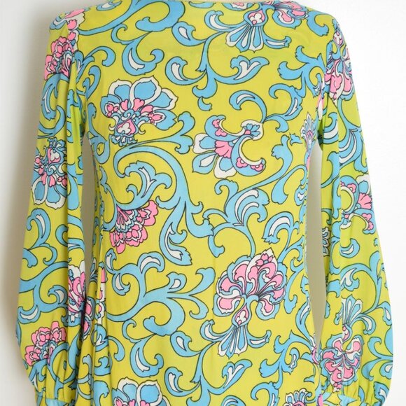 vintage 60s dress psychedelic print mod baroque green twiggy mini hippie S M - Picture 4 of 10